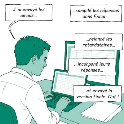 J’ai envoyé les emails... maintenant, relancer... mettre à jour le fichier Excel avec les réponses... et envoyer l’email final